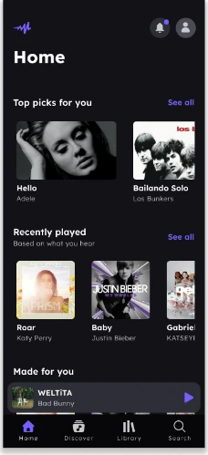 Pantalla 1 de 8 del flujo «Buscar canción / artista»
