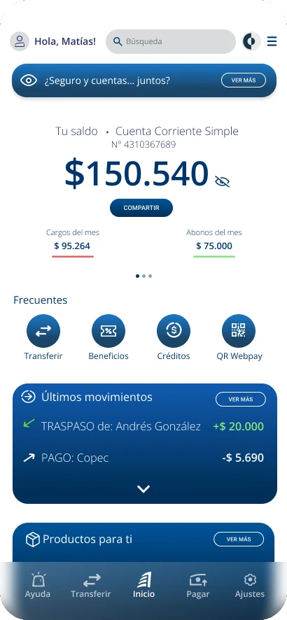 Inicio de la app de Consorcio con el saldo, accesos rápidos y últimos movimientos