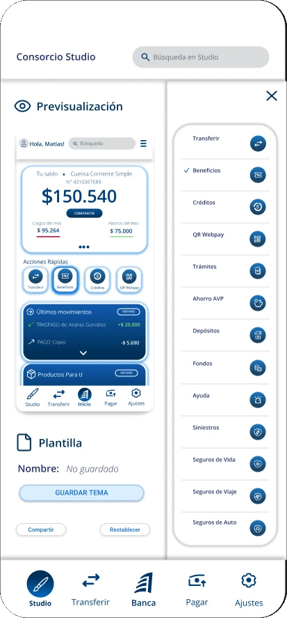 MVP de Consorcio Studio con la previsualización del inicio y el panel para elegir módulos
