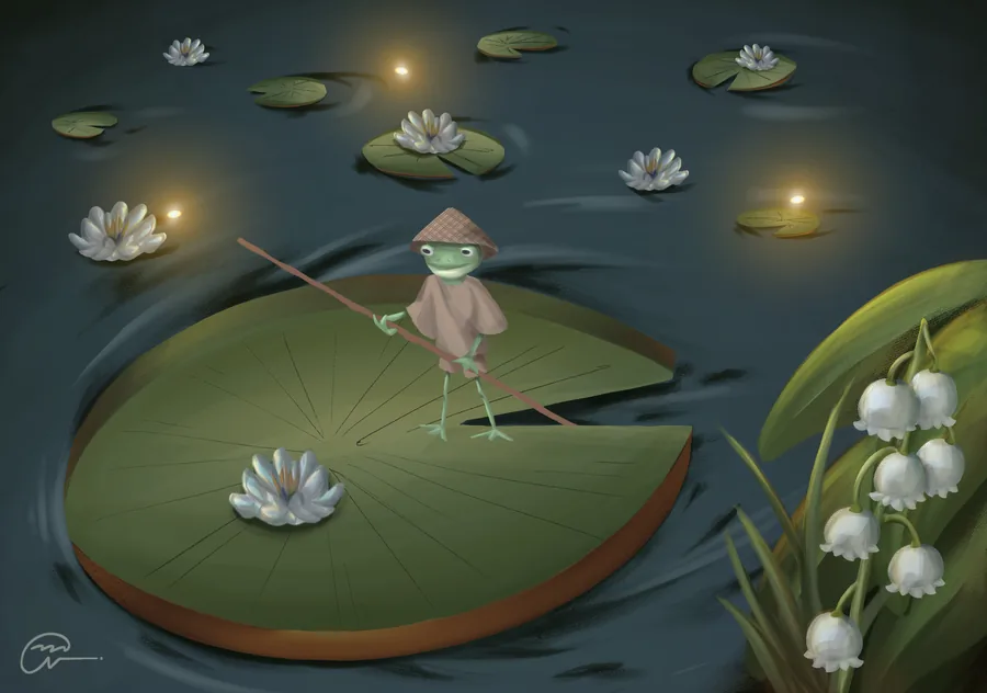 Ilustración de una rana pescando sobre un nenúfar de noche