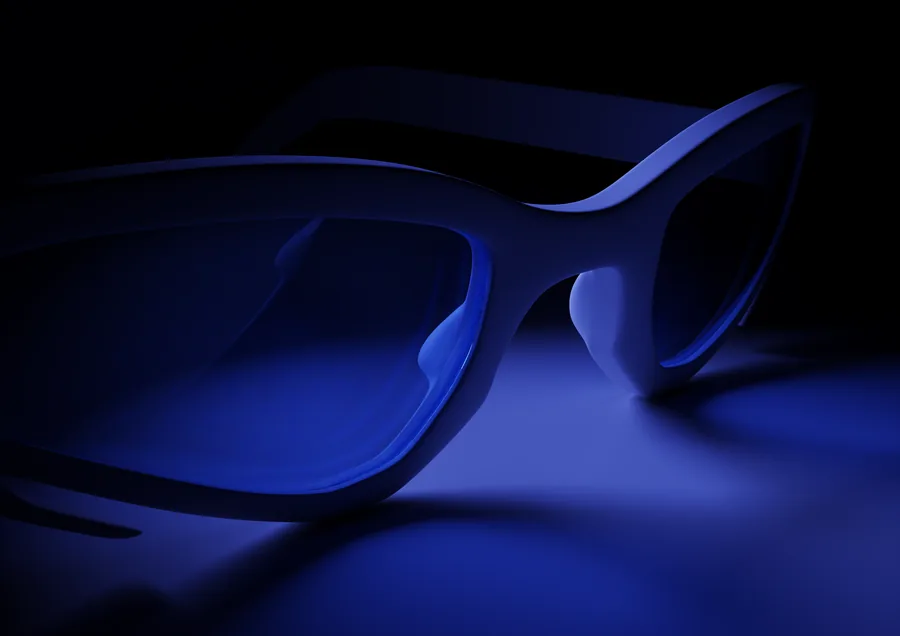 Render de unos lentes iluminados con luz azul